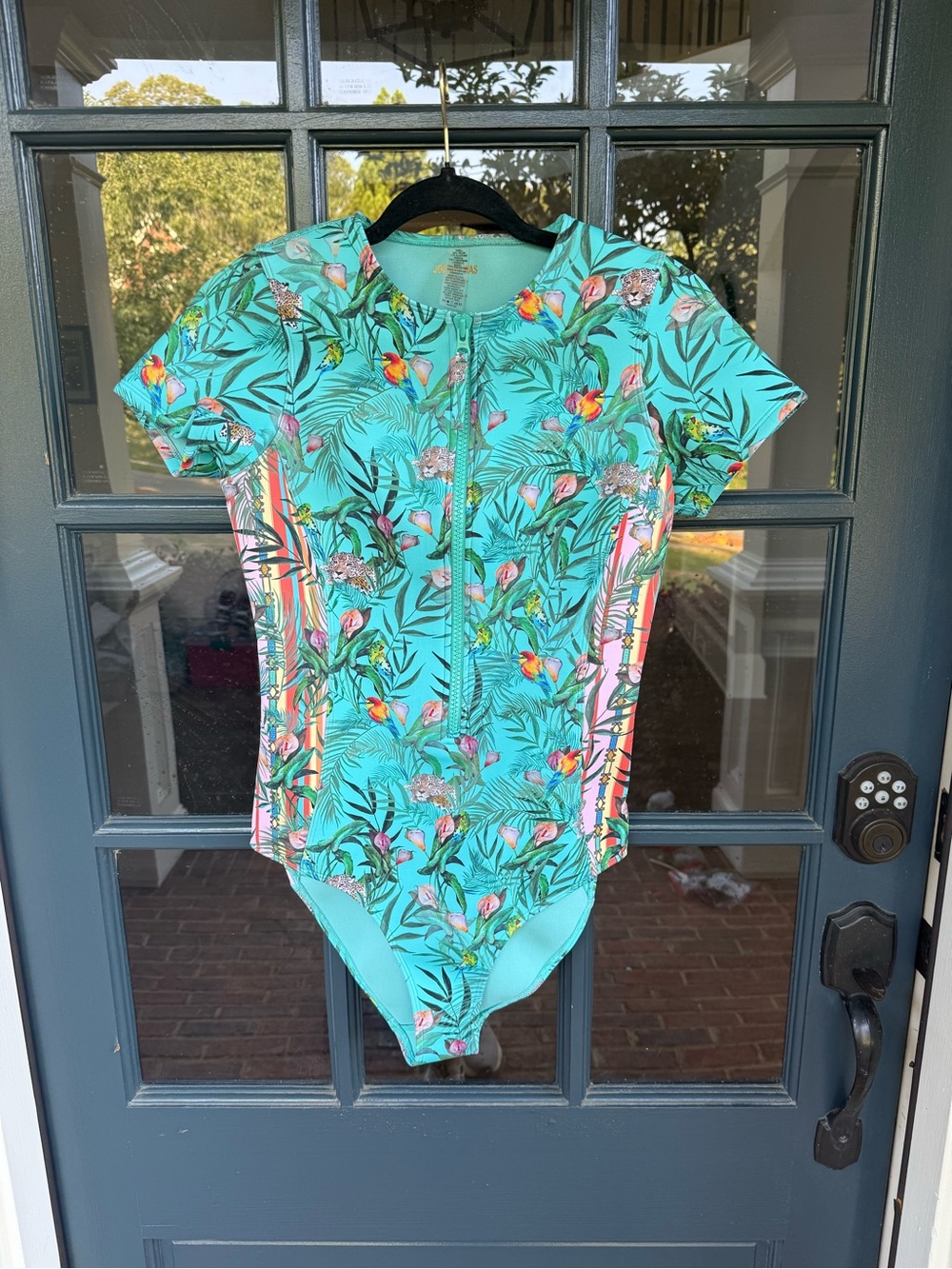 Johnny Was Turquoise Floral Neoprene Zip-Front Swim